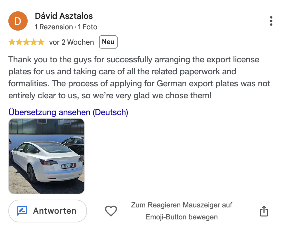 Google-Bewertung von Dávid Asztalos für Zulassungsdienst Falke