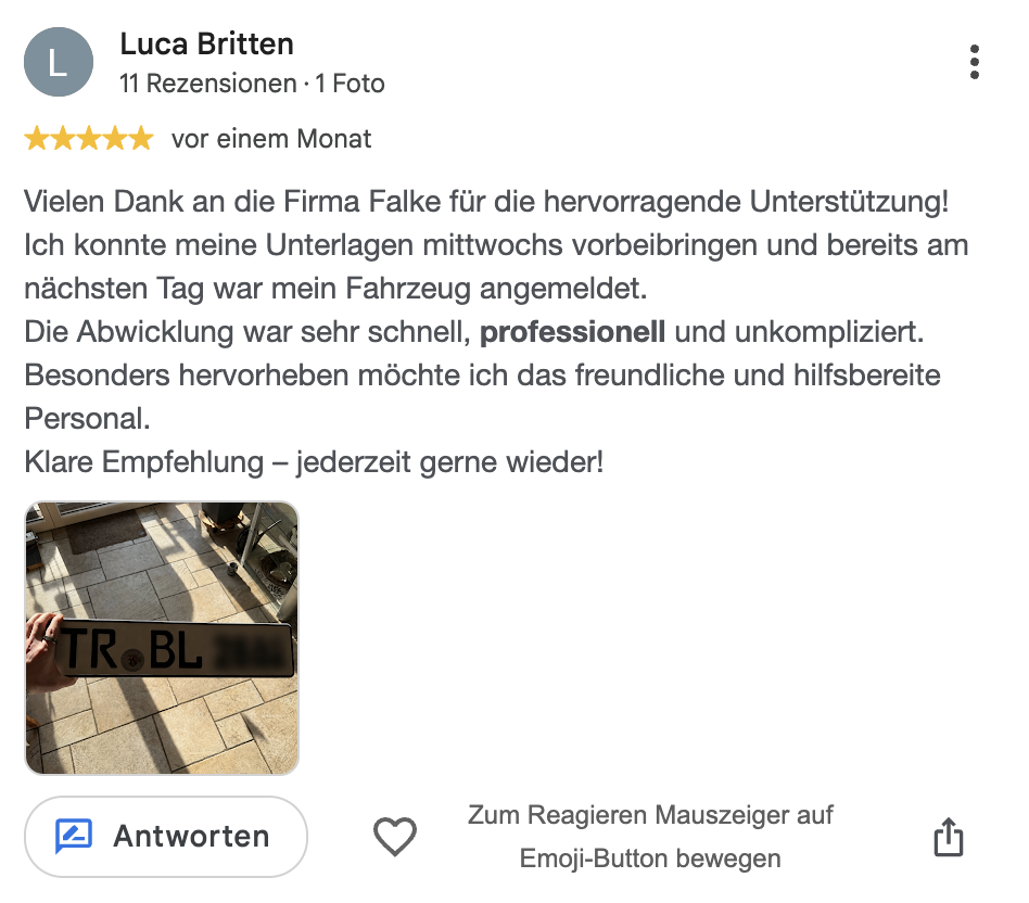 Google-Bewertung von Luca Britten für Zulassungsdienst Falke