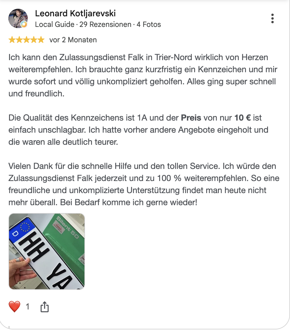 Google-Bewertung von Leonard Kotljarevski für Zulassungsdienst Falke