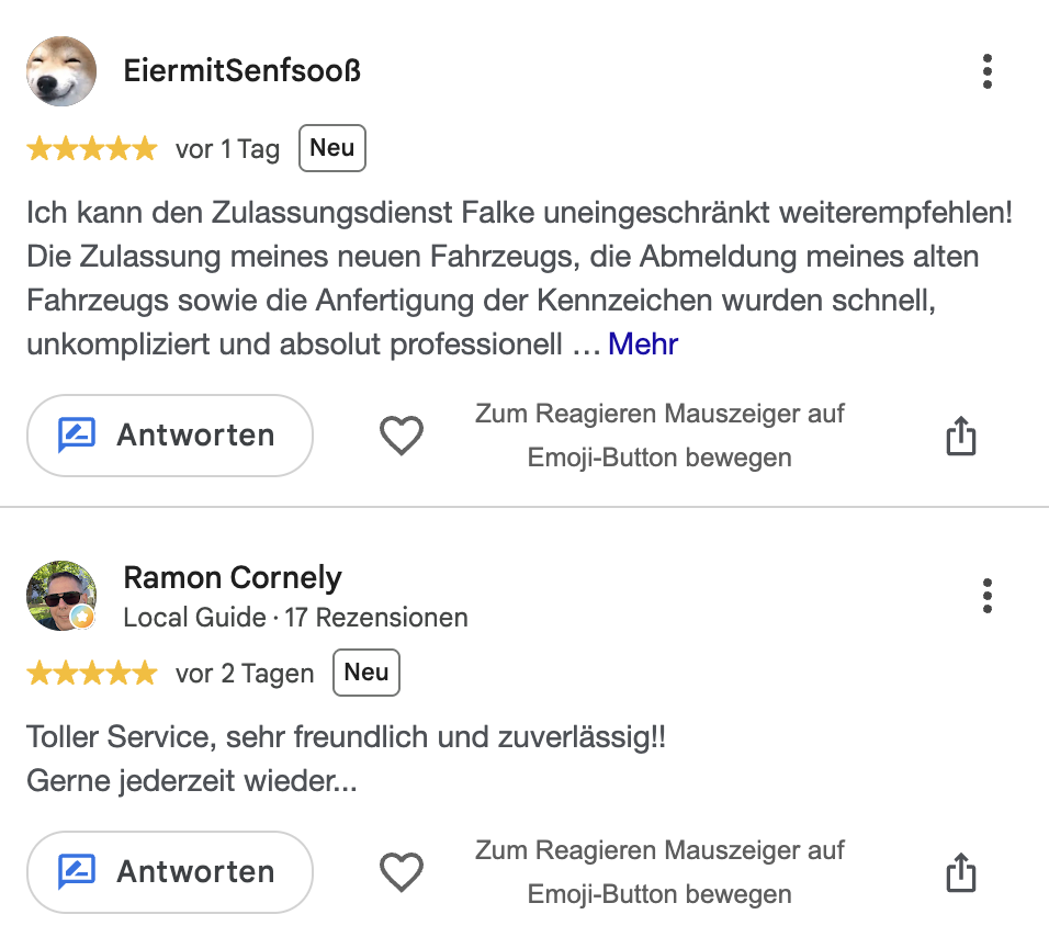 Google-Bewertung für Zulassungsdienst Falke
