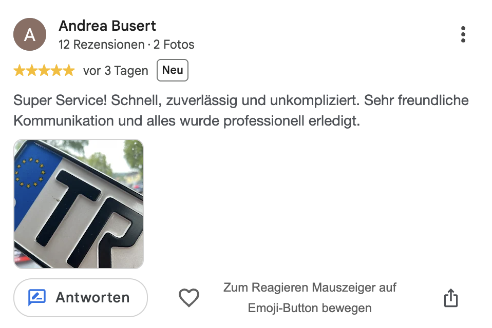 Google-Bewertung von Andrea Busert für Zulassungsdienst Falke