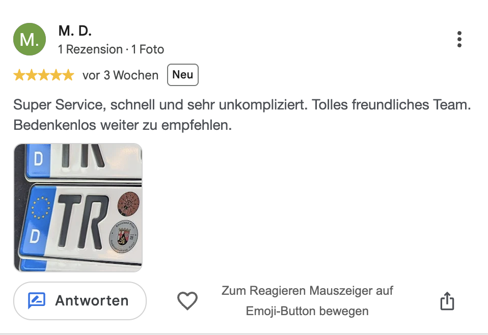Google-Bewertung von M. D. für Zulassungsdienst Falke