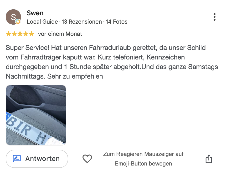 Google-Bewertung von Swen für Zulassungsdienst Falke