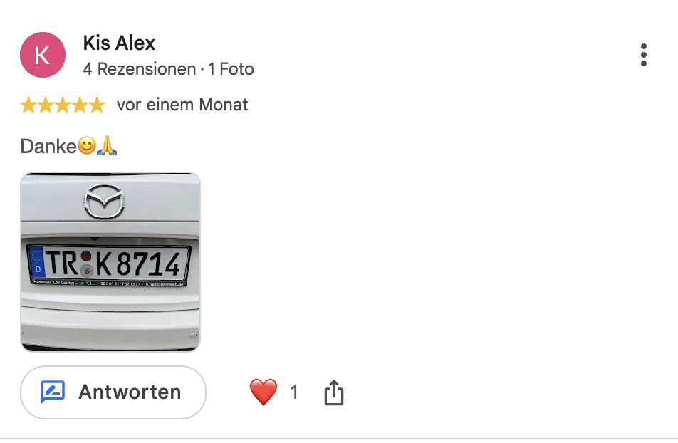 Google-Bewertung von Kis Alex für Zulassungsdienst Falke